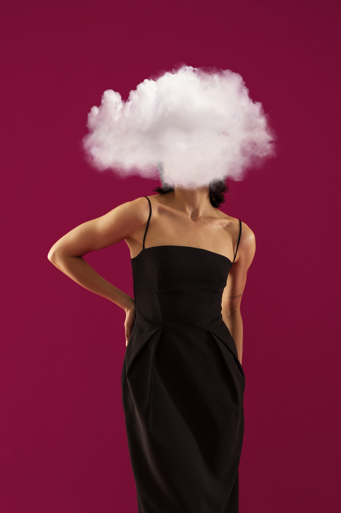 Medium-shot-model-posing-with-cloud-shaped-head